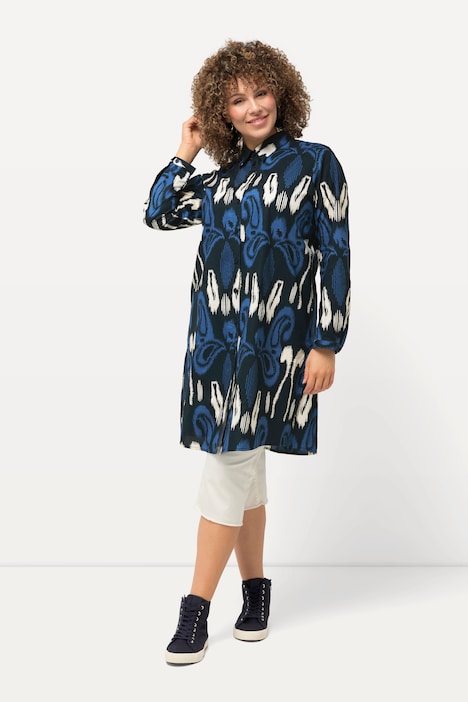 Longbluse, grafischer Druck, A-Linie, Hemdkragen, Langarm