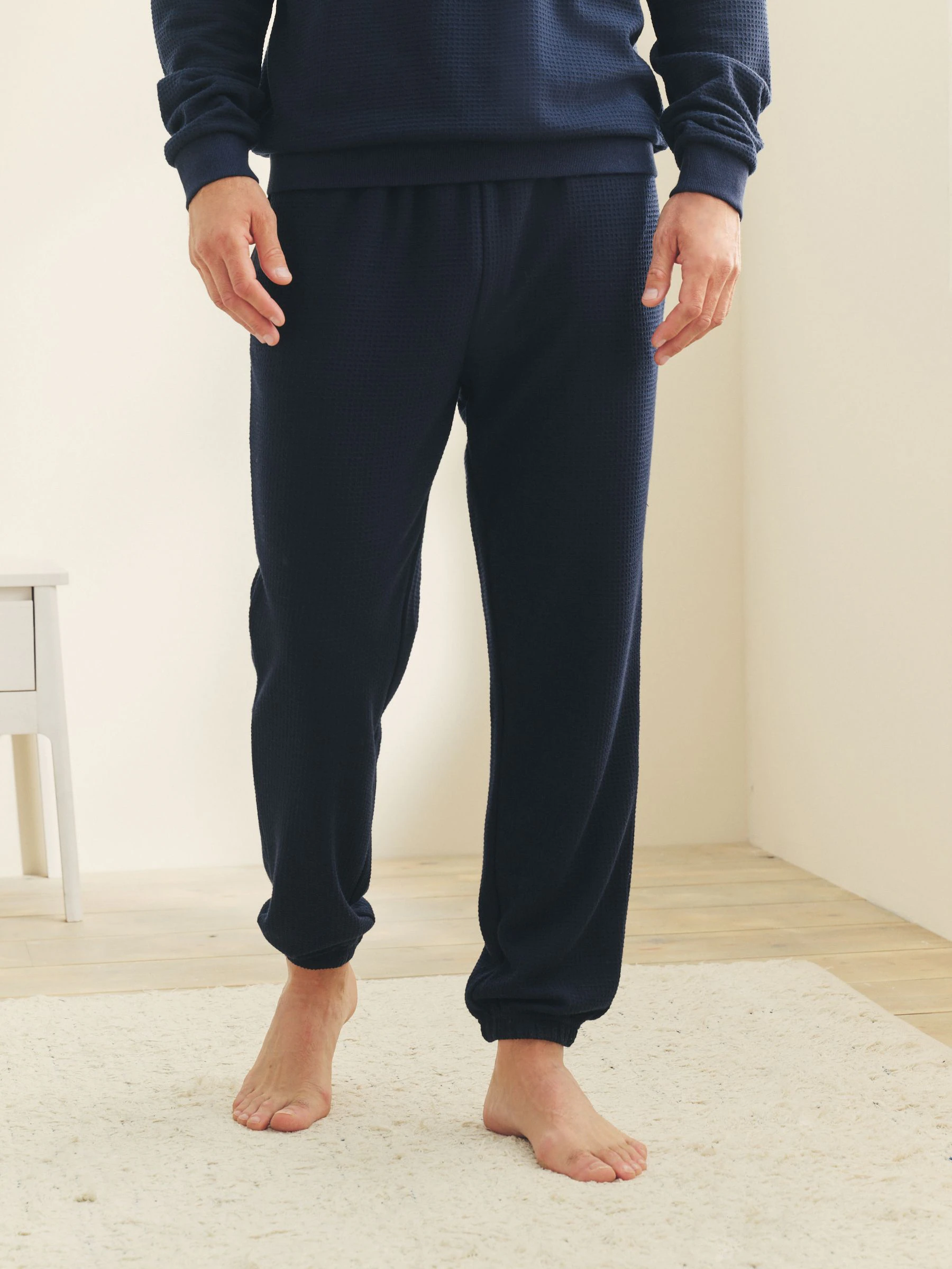 Donkerblauw - Zachte pyjama met top met wafeldessin en lange mouwen