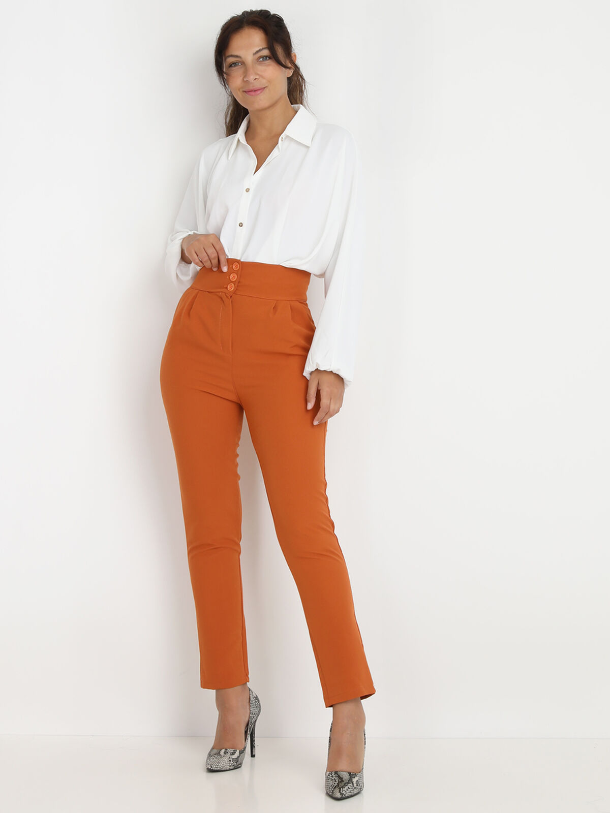 Pantalon à pinces plissé et boutonné- Orange foncé