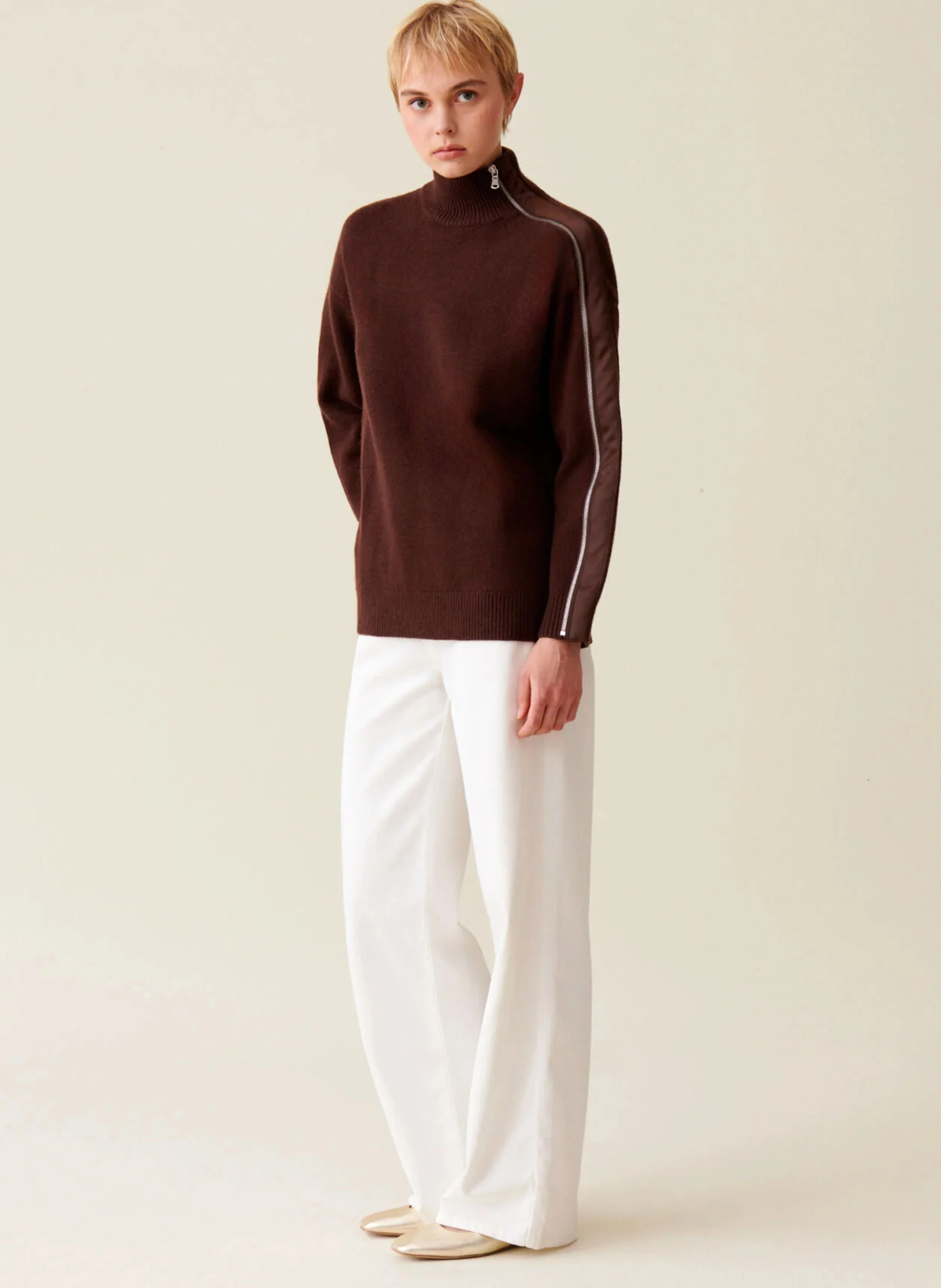 Pull zippé en laine mélangée | Marron