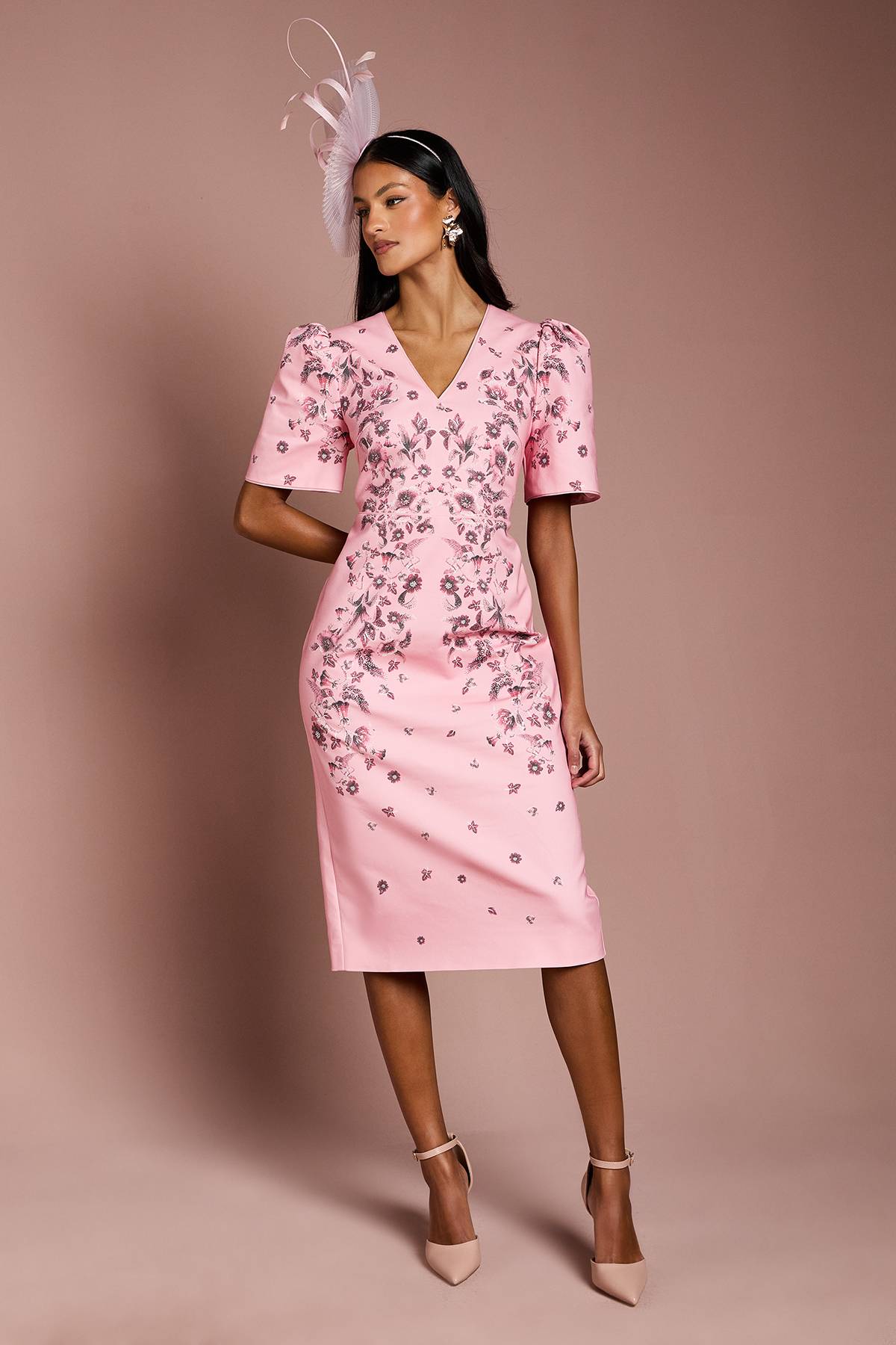 Coast Robe Mi-Longue en Coton à Manches Bouffantes et Imprimé Placement Petite Taille