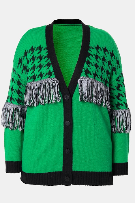 Strickjacke, oversized, Hahnentritt, Fransen, Langarm