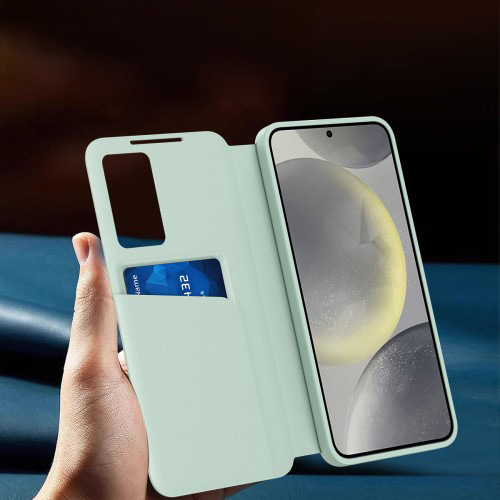 Samsung Galaxy S25 Ultra Leder Hülle Small Window View Flip Case Litchi Look - Hellgrün