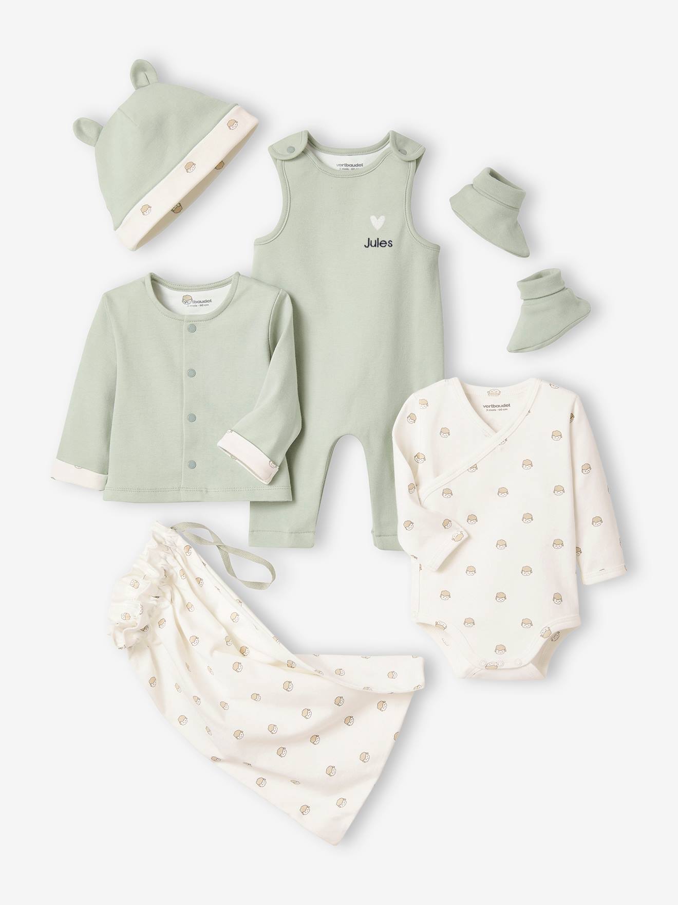 Kit para recém-nascido com 6 peças de roupa personalizáveis + bolsa de tecido verde-água