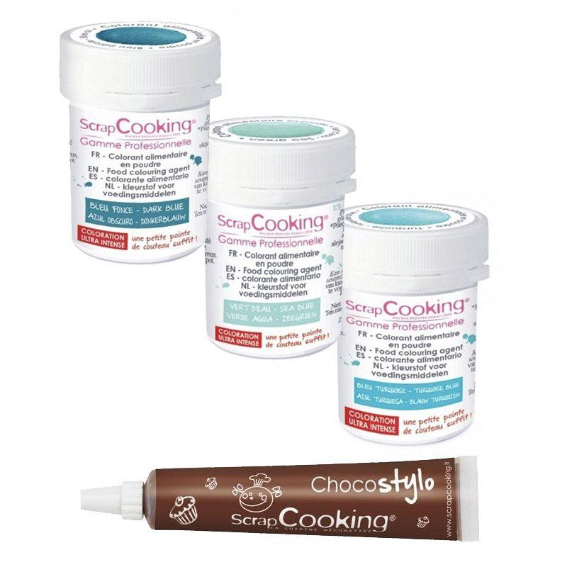 Kit de colorants alimentaires Bleu des mers + 1 Stylo chocolat Scrapco