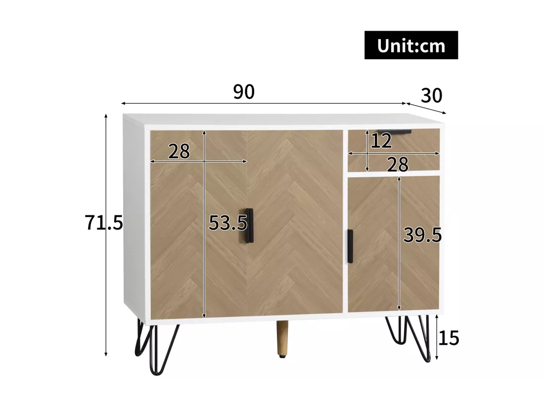 Armoire de rangement moderne, meuble en blanc et imitation bois avec tiroir et étagères réglables en hauteur (90 x 30 x 71,5 cm)