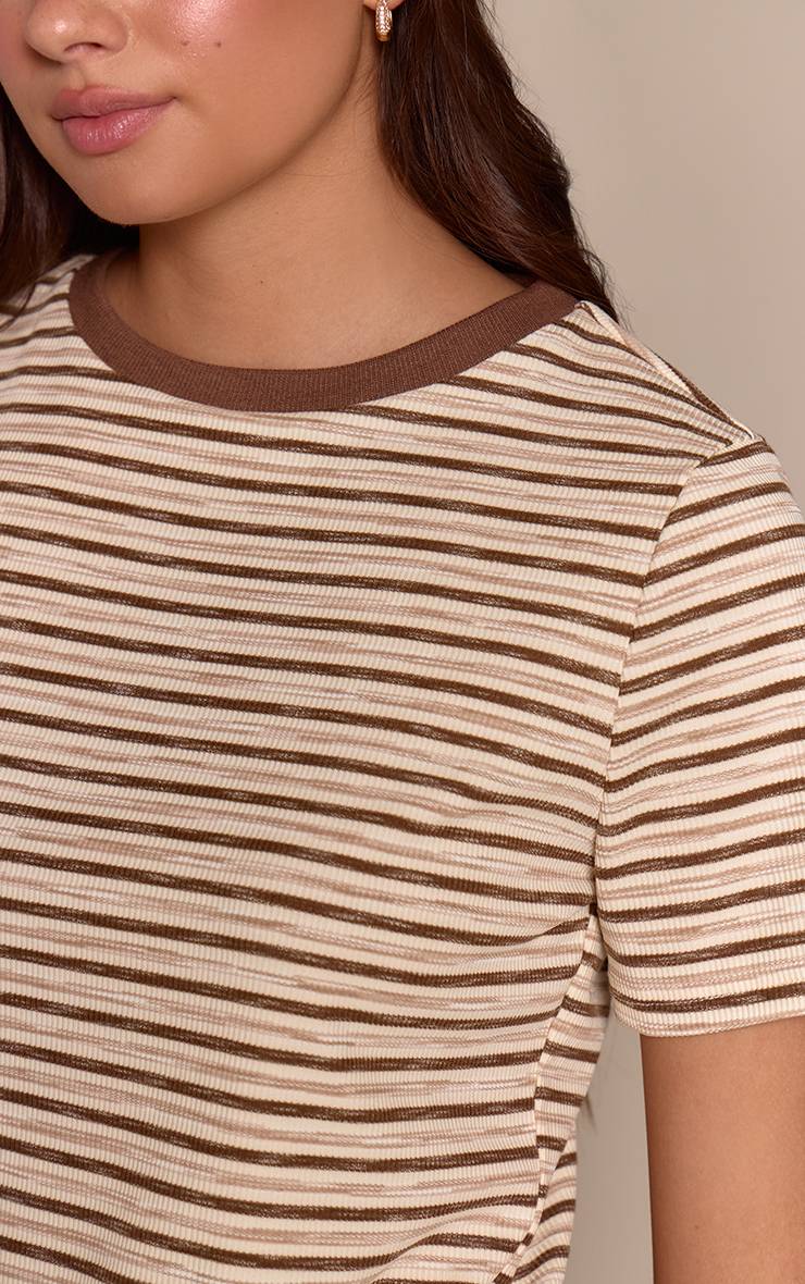 Light Brown Haut Ajusté À Manches Courtes En Maille Côtelée Douce Avec Détails Rayés
