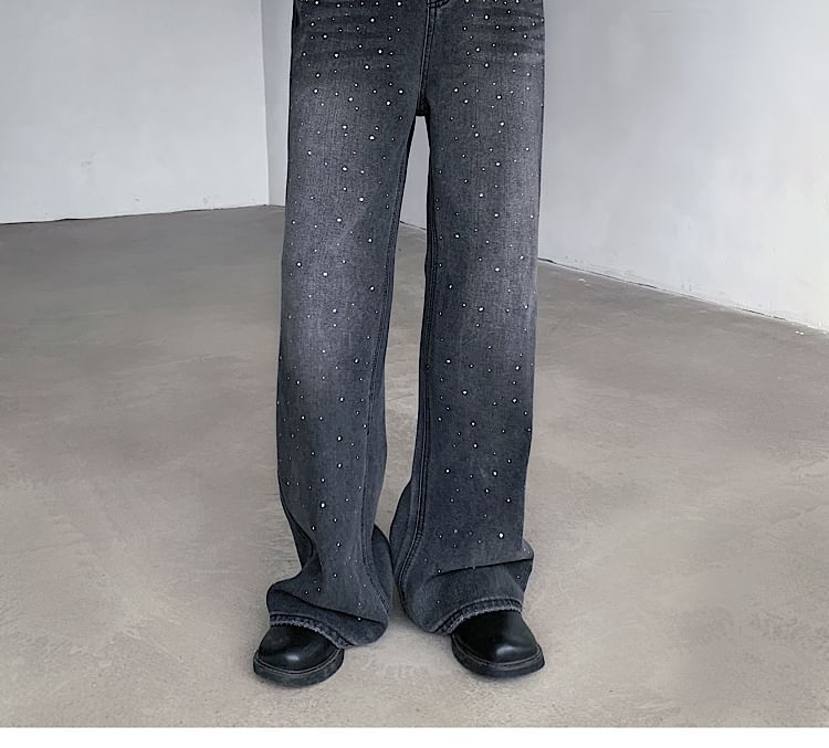 Freehop - Mid Rise Strass Washed Loose Fit Jeans