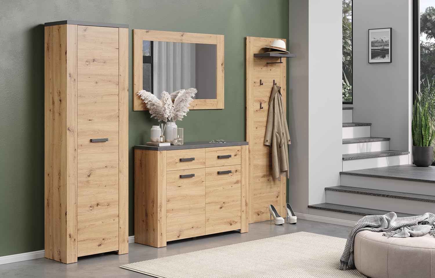 trendteam smart living - Follow - Garderoben-Set - Artisan Eiche/Matera - 4-teilig mit Schrank, Kommode, Paneel & Spiegel - 270 x 199 x 35 cm - ausziehbare Kleiderstange - Vollauszug-Funktion