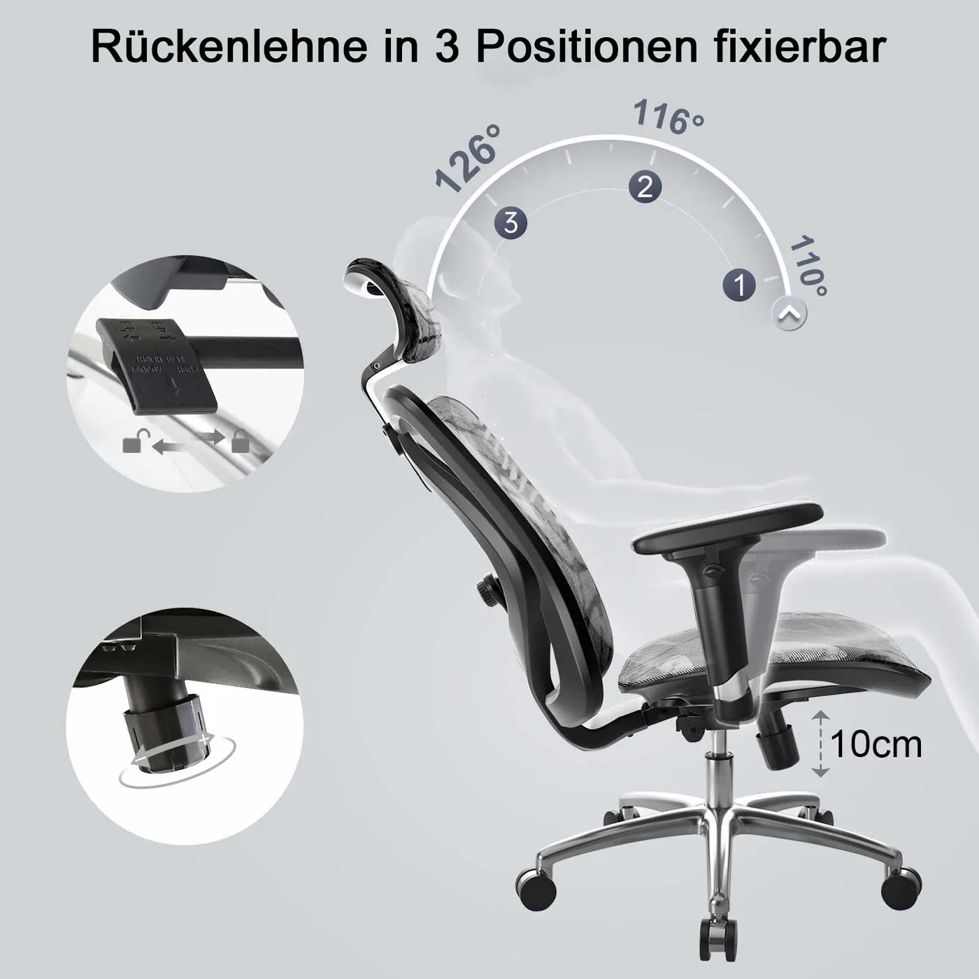 Bürostuhl MCW-J87, Schreibtischstuhl, ergonomisch verstellbare Armlehne 150kg belastbar ~ Bezug grau, Gestell weiß