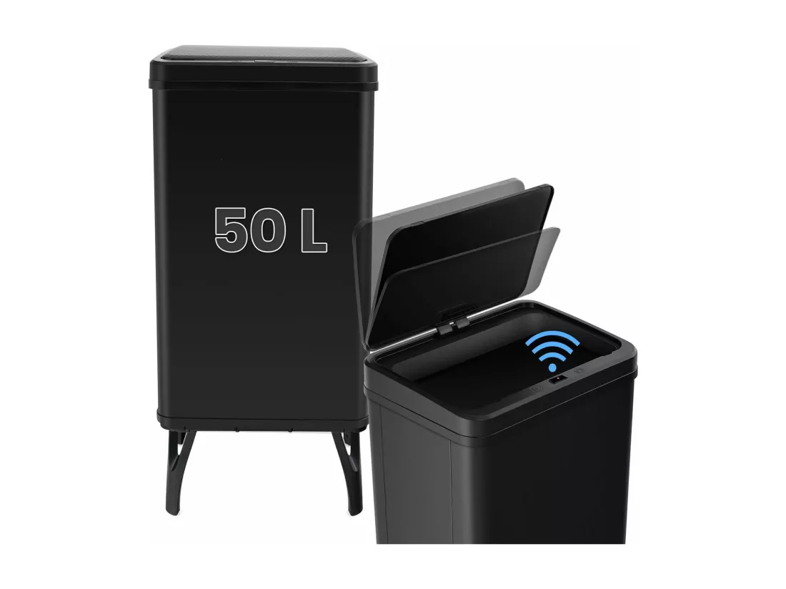 Poubelle Cuisine Automatique 50L en Acier Métal avec Cerclage, Poubelle Sur Pieds Détachables, Capteur Fermeture Automatique Douce, Anti-Empreintes, Interrupteur (Noir)