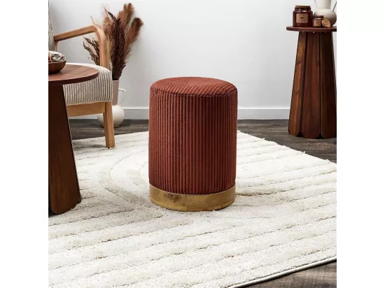 AMORY - Pouf en velours côtelé coloris terracotta socle en MDF