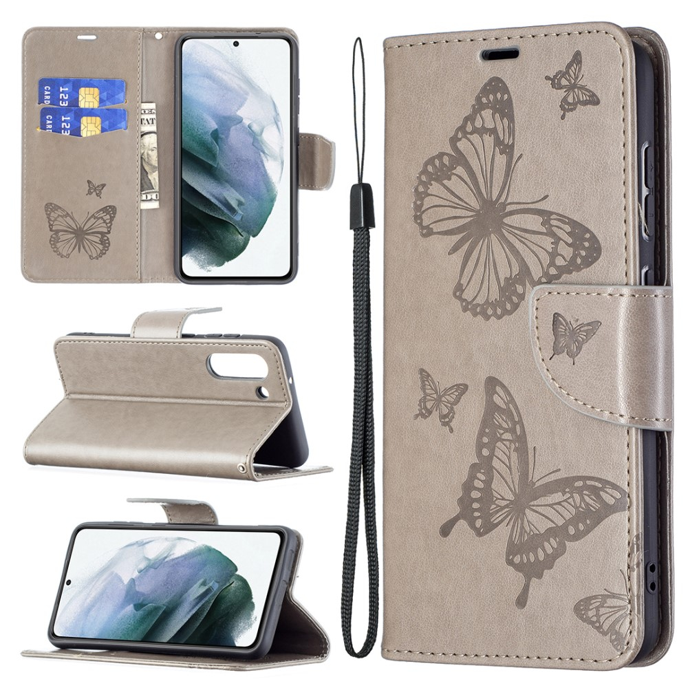 Samsung Galaxy S21 FE 5G Leder Tasche mit Kartenfach   Handschlaufe Schmetterling - Grau