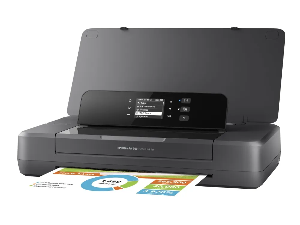 HP Officejet 200 Mobile Printer - Printer - farve - blækprinter - A4/Legal - 1200 x 1200 dpi - op til 20 spm (mono) / op til 19 spm (farve) - kapacitet: 50 ark - USB 2.0, USB vært, Wi-Fi