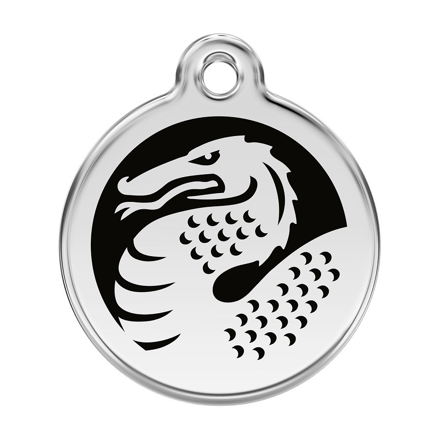 Placa de identificação para cães em aço inoxidável esmaltado com dragão preto