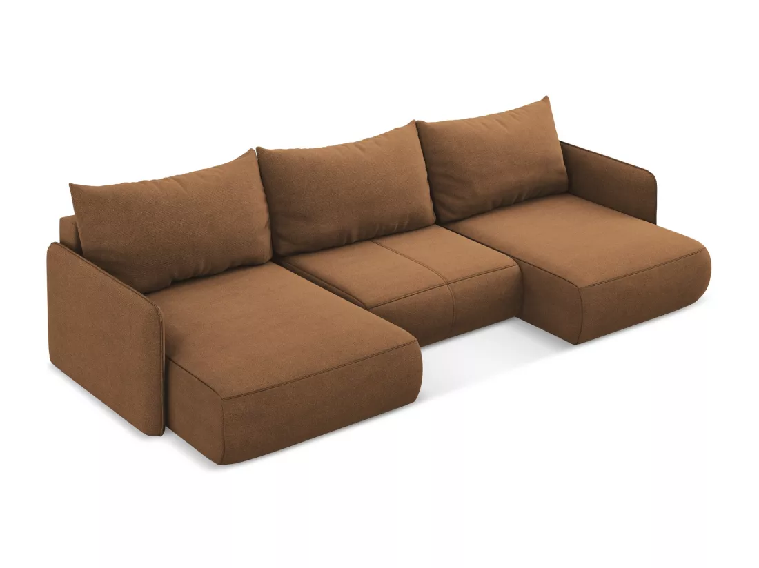 Canapé d'angle panoramique convertible en tissu texturé - terre cuite - NANEA