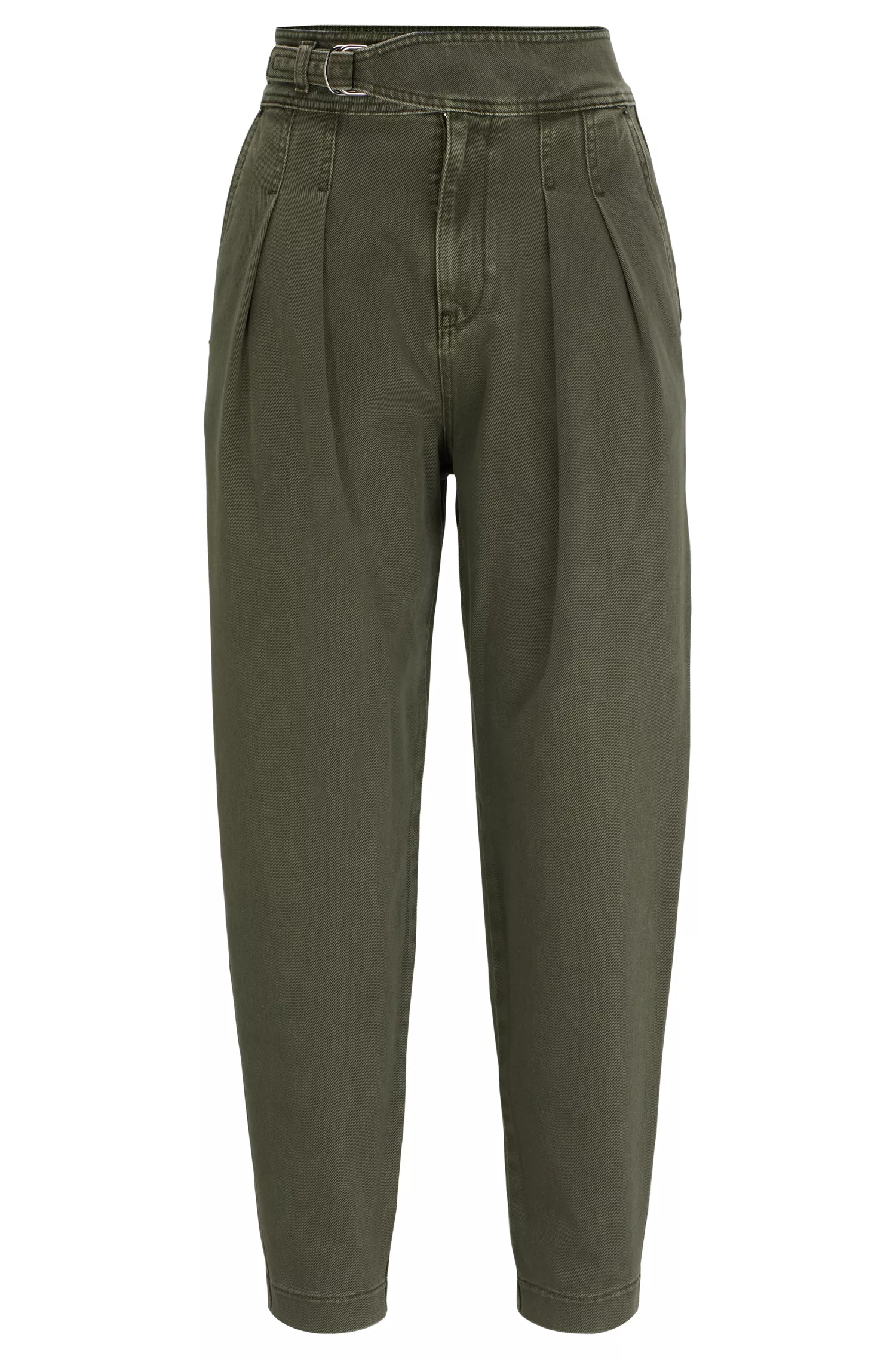Calça BOSS laranja, corte relaxado, em sarja de algodão com pregas frontais.