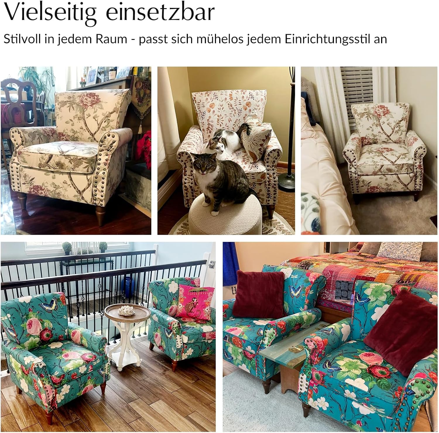 HULALA HOME Sessel gemütlich Ohrensessel Lesesessel bequem mit gerollten Armlehnen und Rücken Massivholzbeinen und Blumenmuster für Wohnzimmer Schlafzimmer, Weiß