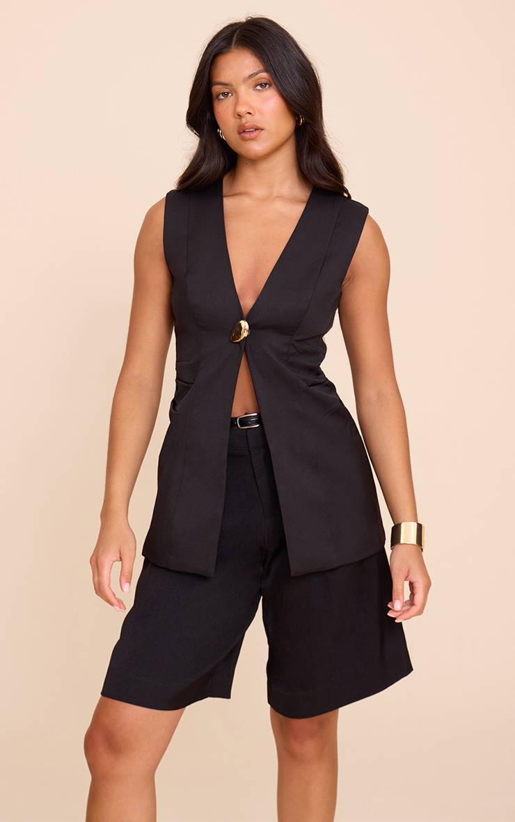 Noir Gilet Sans Col Avec Détails Métalliques