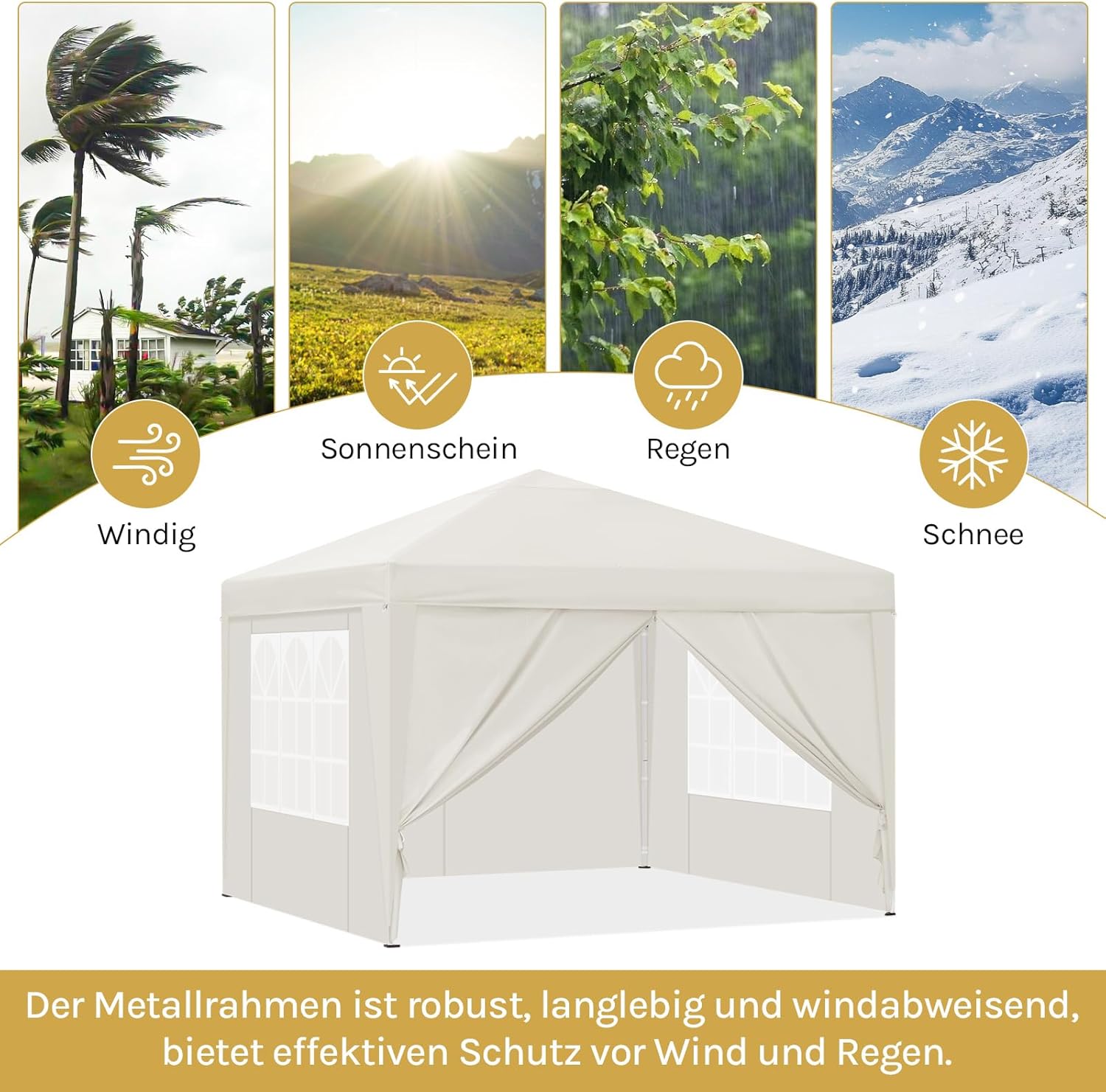 Laneetal Pavillon 3x3 m faltbar, Pop-Up Faltpavillon wasserfest Winterfest, Grillpavillon stabil, Gartenpavillon mit Seitenwänden Fenstern Tasche, für Camping Strand Garten, Beige