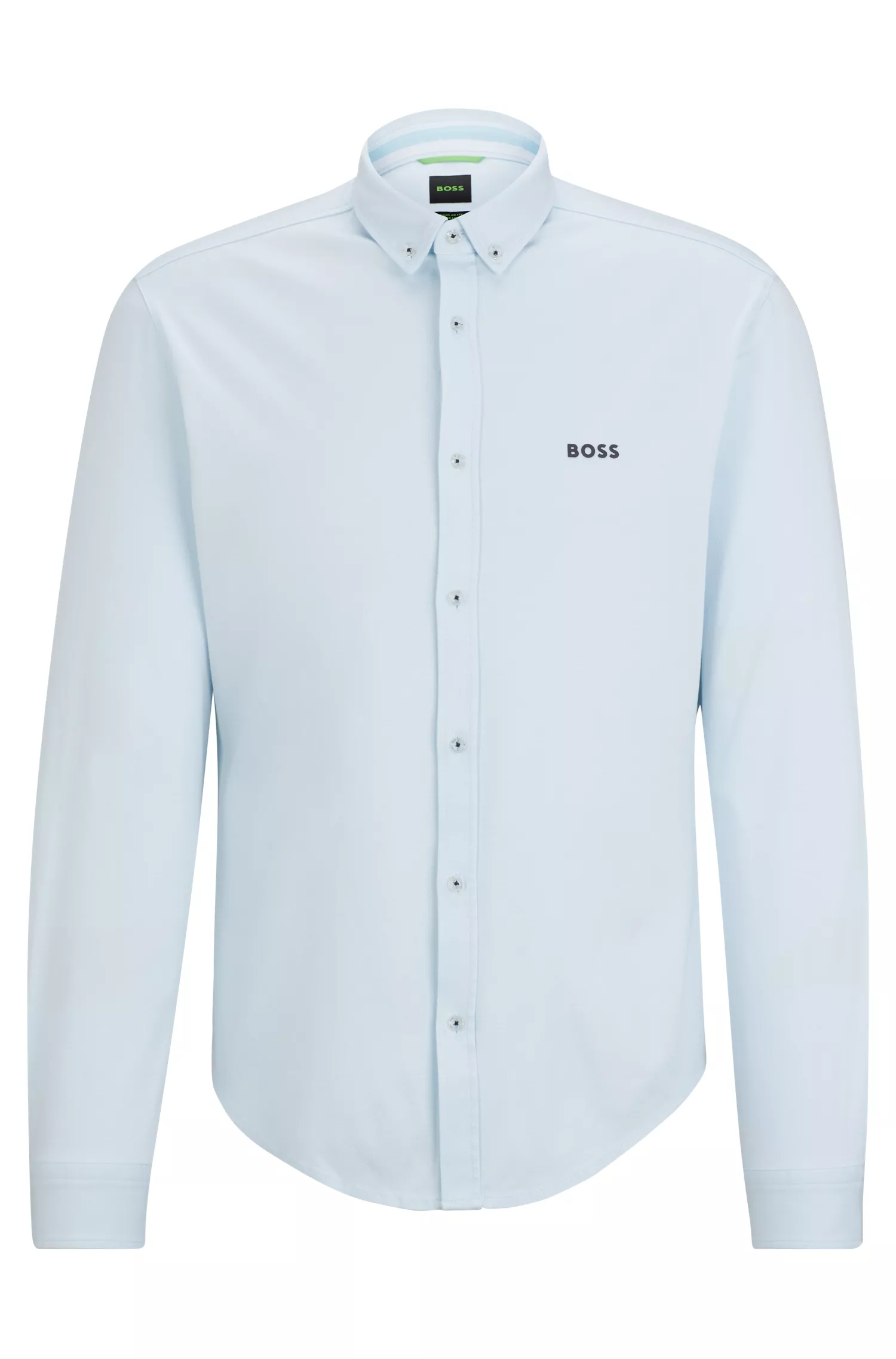 Camisa BOSS verde de botões, corte regular, em malha piqué de algodão.