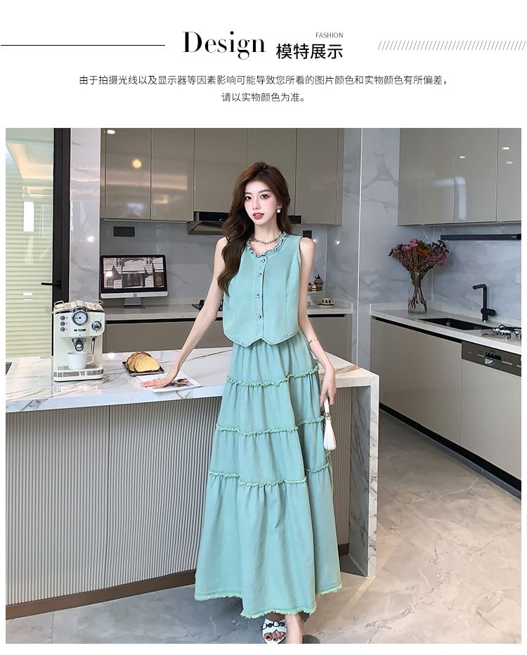Yilda - Set: Mouwloze effen blouse + hoge taille maxi A-lijn rok