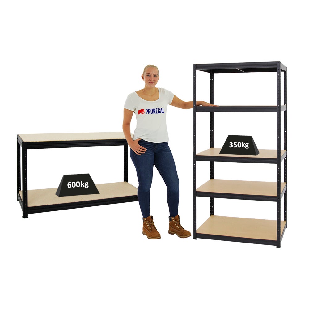 PROREGAL Mega Deal: 1x Heavy-Duty Plankkast Slim Elephant M (HxBxD 180 x 90 x 60 cm) & 1x In hoogte verstelbare werkbank Big Dino (HxBxD 90 x 160 x 60 cm) Zwart