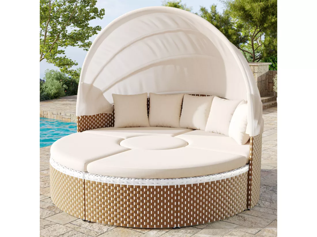 Salon de jardin en rotin tressée beige - cadres en fer - avec table basse relevable et 5 oreillers - 170x170x72/142cm