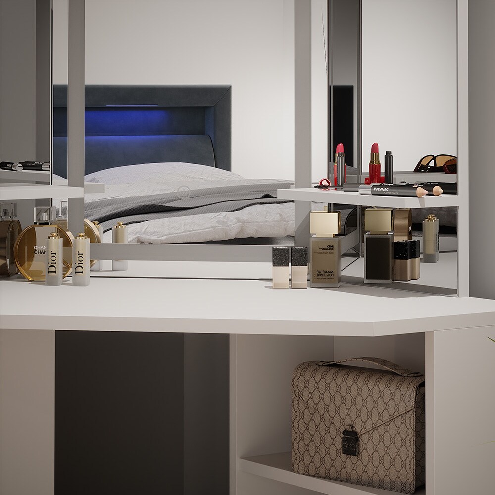 Vicco Eckschminktisch Frisiertisch Schminkkommode Arielle Weiß LED-Spiegel Hocker 111x142 cm modern Schlafzimmer Kommode Schublade Ablage Aufbewahrung Kosmetiktisch Schminkkonsole Make-Up-Tisch