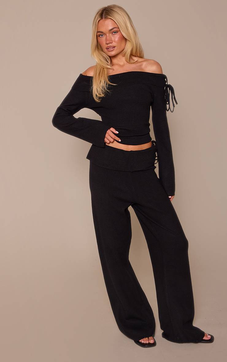 Noir Pantalon Large Tricoté À Taille Repliable Et Liens Latéraux