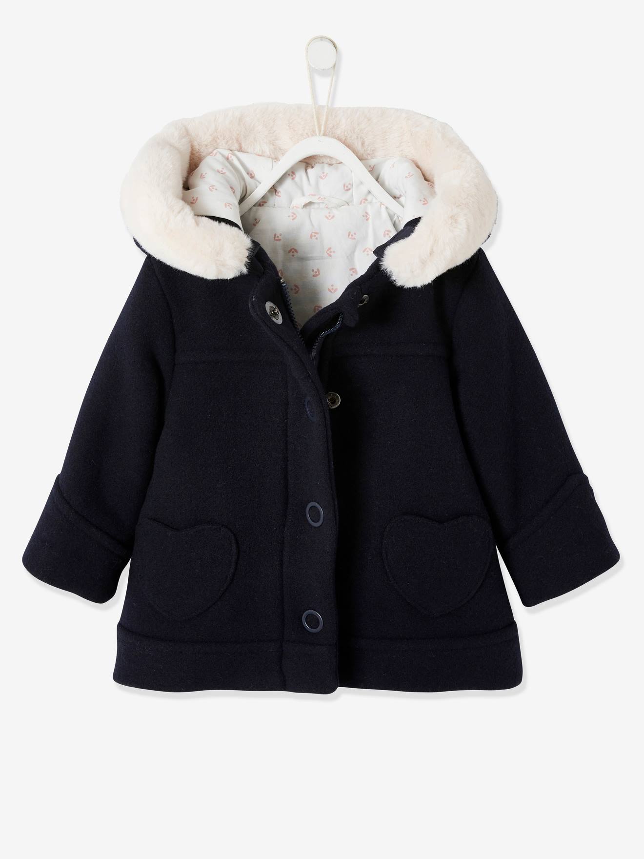 Casaco liso azul escuro com capuz para bebê menina, com estampas.