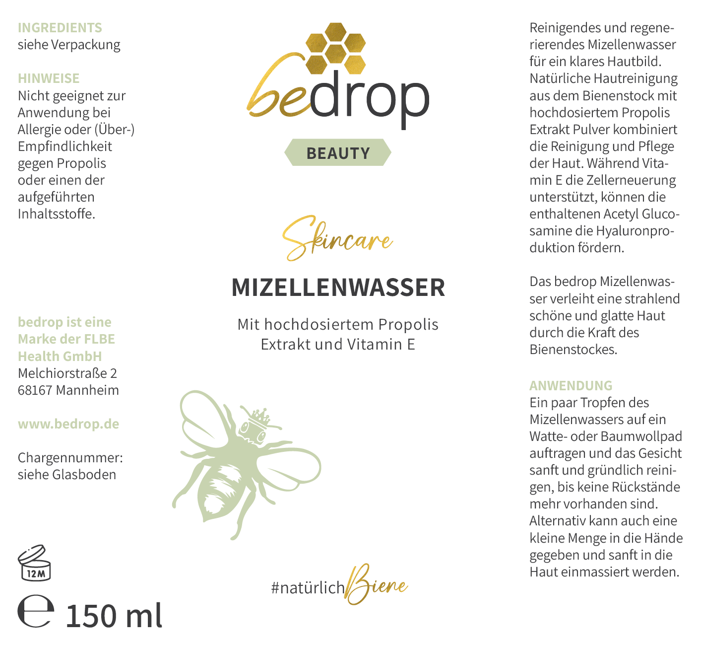 MIZELLENWASSER / TONIKUM mit hochdosiertem Propolis Extrakt und Vitamin E - 150ml