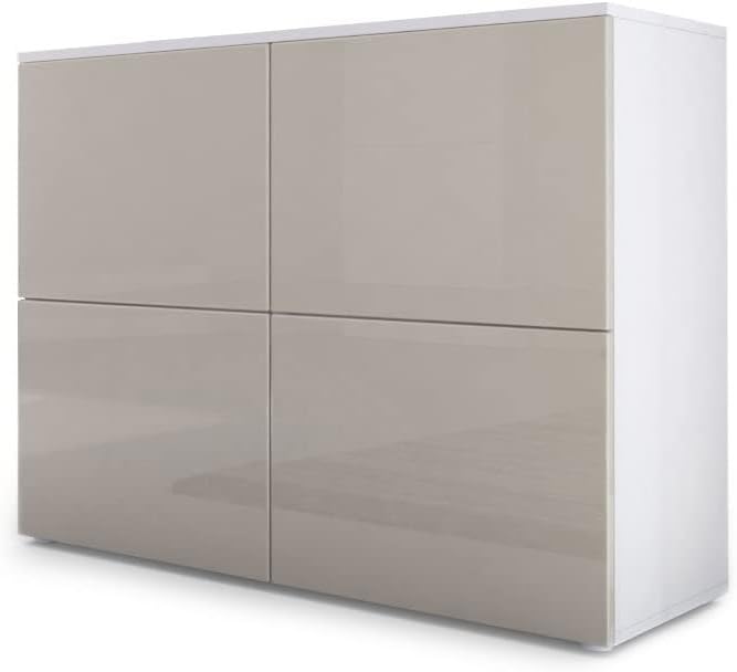Vladon Sideboard Rova, Made in Germany, Kommode mit 4 Türen, Weiß matt/Sandgrau Hochglanz (92 x 72 x 35 cm)