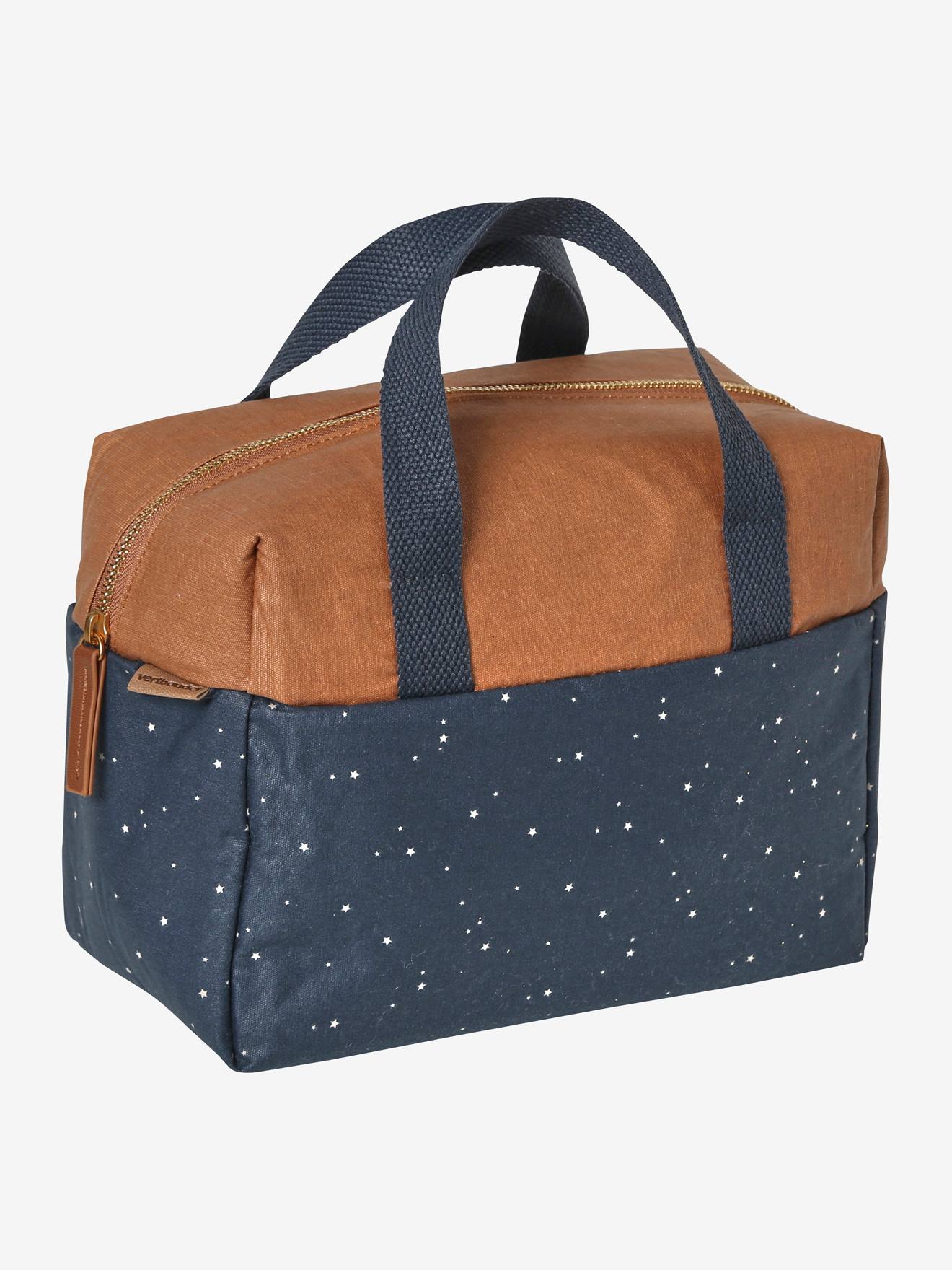 Lancheira de algodão bicolor com forro estampado azul escuro.