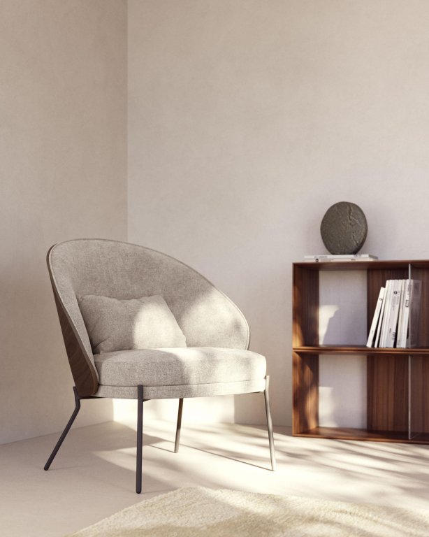 Kave Home Eamy fauteuil bruin leer, walnoot hout