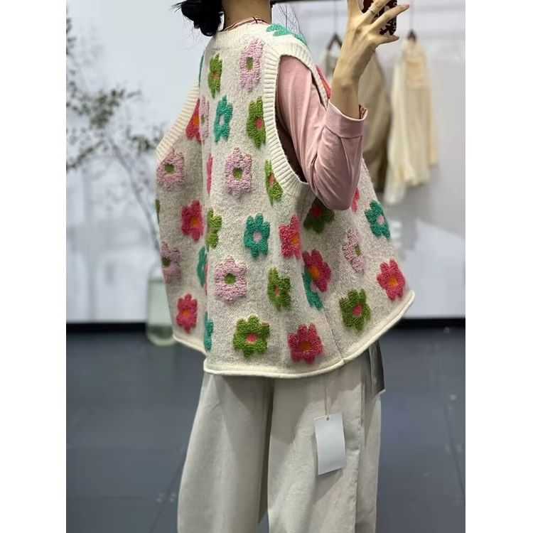 Taragon - Ronde hals bloementrui vest