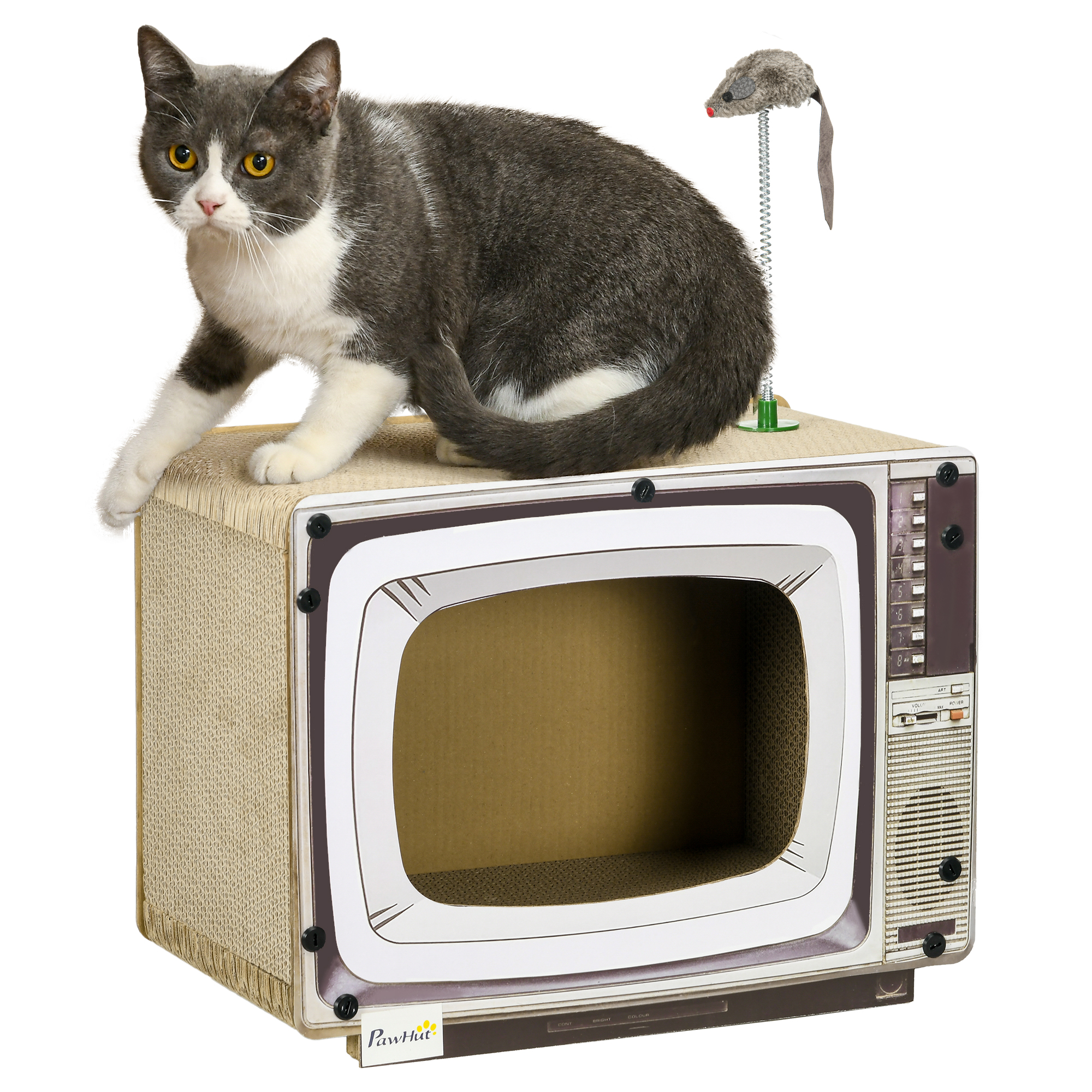 Arranhador de papelão para gatos PawHut, em formato de TV, com ratinho de brinquedo, centro de atividades para animais de estimação, 43 x 23 x 23,5 cm, cor areia.
