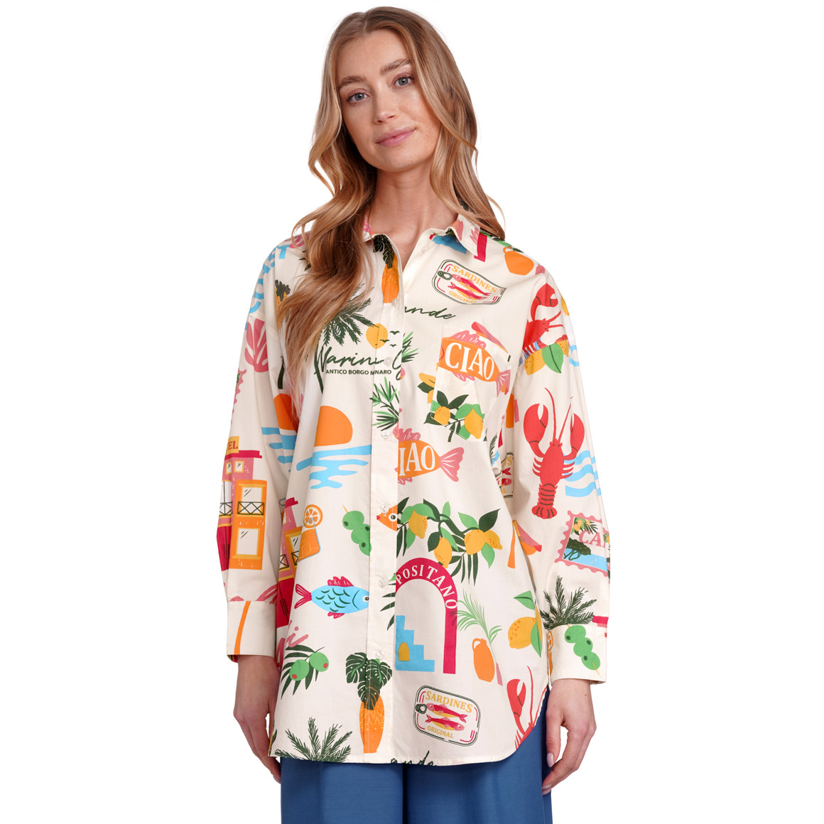 Jonas Nielsen Damen Bluse mit Urlaubs-Motiven weiss / bunt