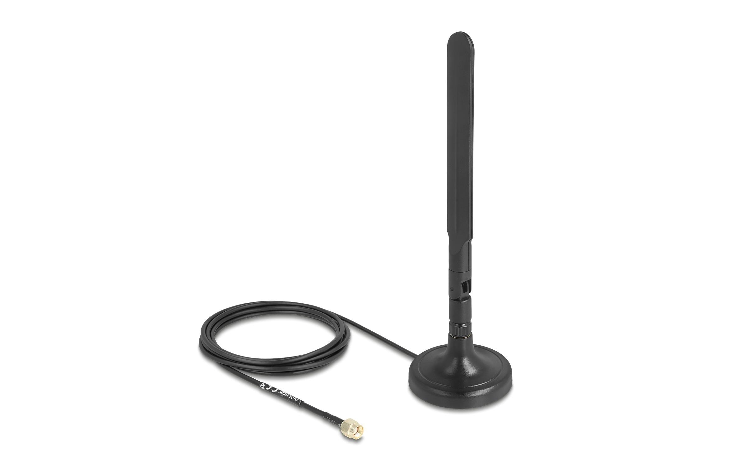 WLAN-Antenne WiFi 6 RP-SMA 3 dBi RP-SMA 3 dBi RundstrahlDelock WiFi 6 Antenne RP-SMA Stecker 3 dBi omnidirektional mit Anschlusskabel RG-174 3 m mit Kippgelenk mit magnetischem Standfuss schwarz
