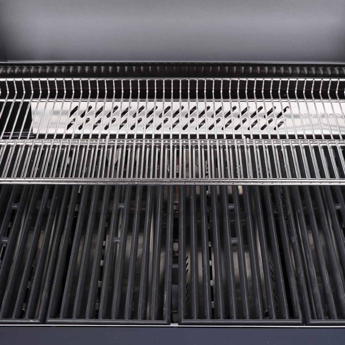 SANTOS S-418 Pro - All Black Edelstahl-Gasgrill - 4 Brenner - Infrarot Seitenbrenner - Heckbrenner - XXL Warmhalterost - Beleuchtung - Top Isolierung