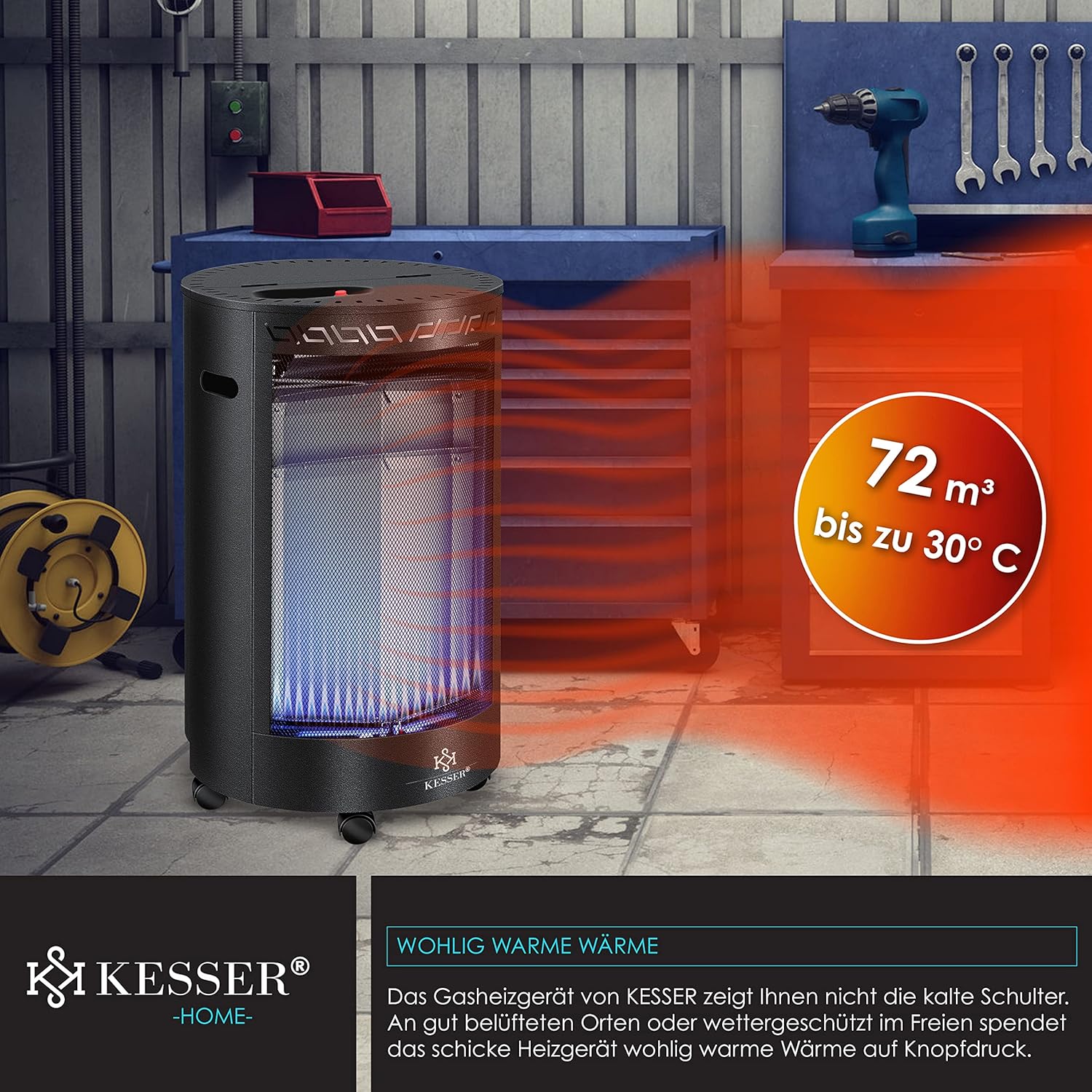 KESSER® Gasheizer Keramik 4200 Watt Gas Heizstrahler inkl. Gasdruckregler Gasschlauch - Gasheizofen inkl. Schutzhülle Gasheizgerät, Infrarot Keramikbrenner, Butan- oder Propangasflaschen, Schwarz