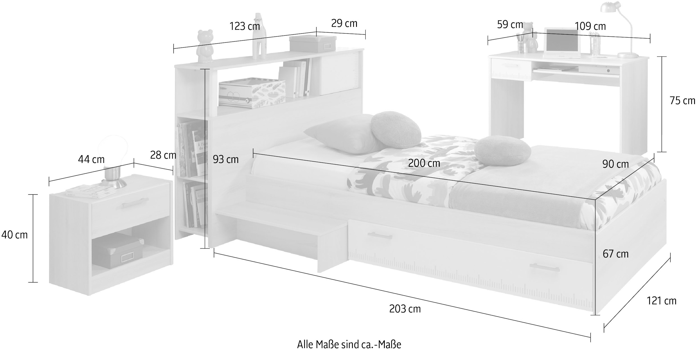Parisot Jugendzimmer-Set »Charly 11« Set, Bett mit Anstellregal, Nachttisch, und Schreibtisch, 4 Stk. tlg. mit einem Schreibtisch