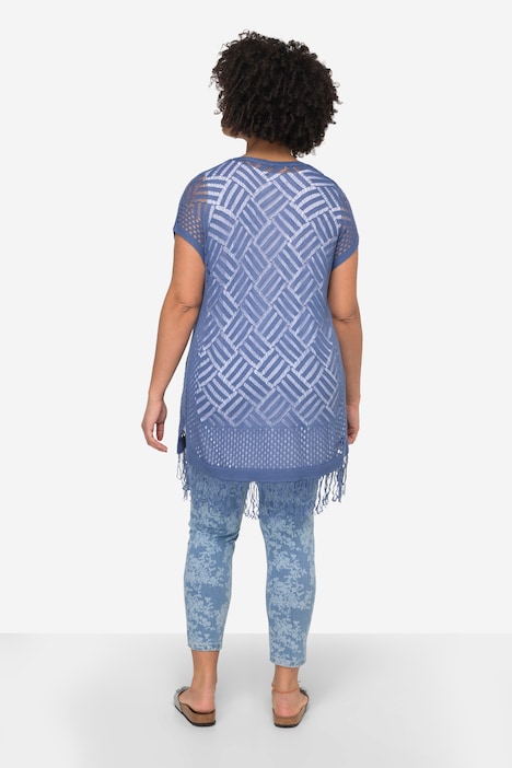 Strickjacke, Relaxed Fit, Lochstrick, offene Form, Fransensaum, Halbarm