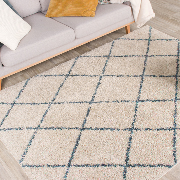 Hoogpolig vloerkleed - Grand Lines Creme/Blauw