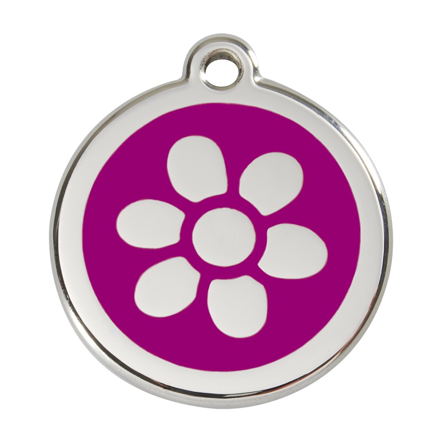Placa de identificação para cães em aço inoxidável esmaltado com flor roxa