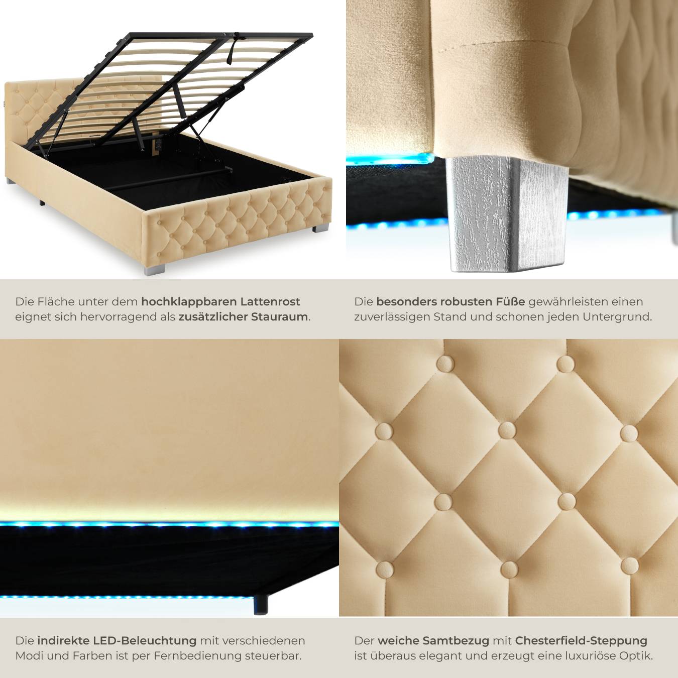 Polsterbett mit LED-Leisten & Stauraum