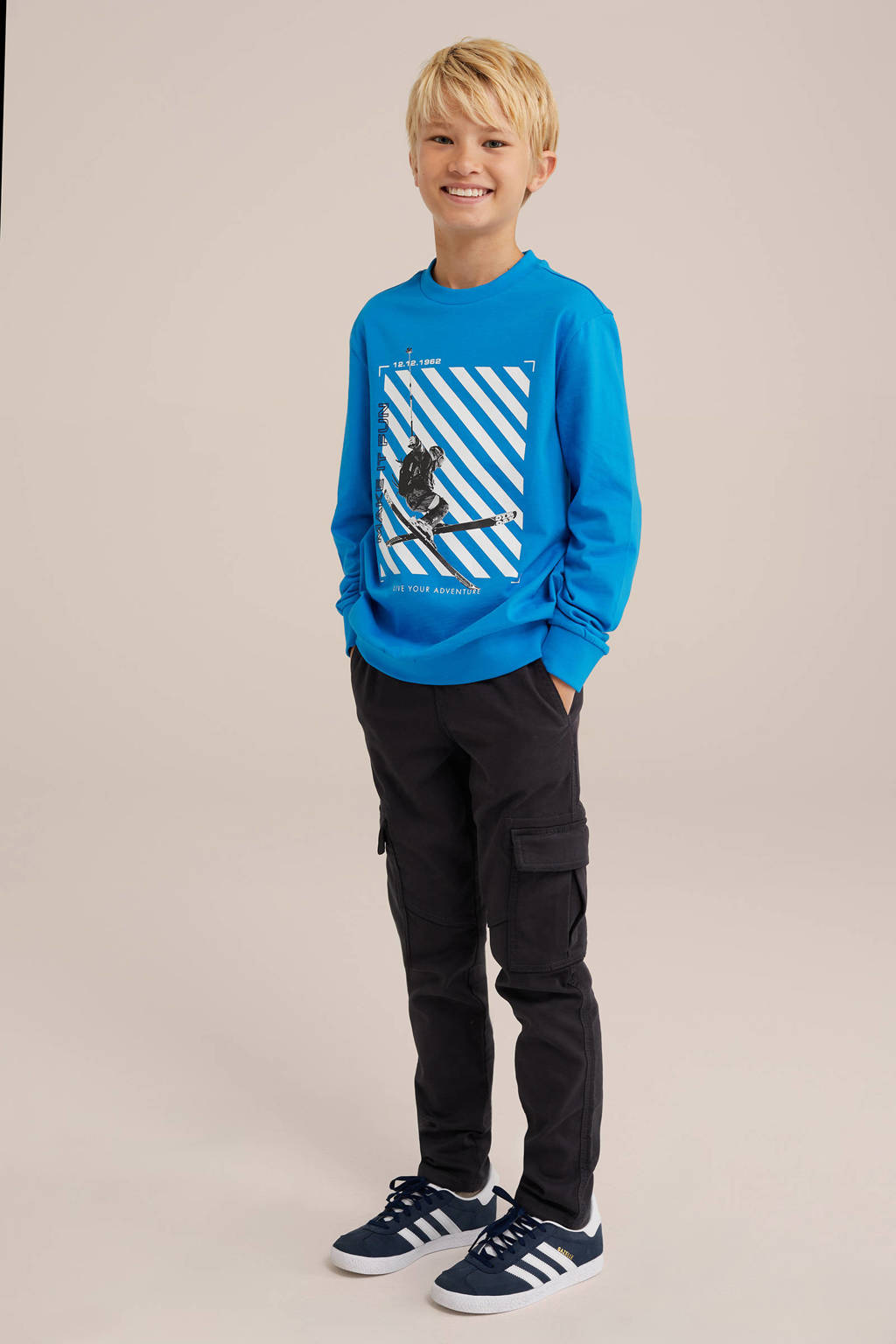 WE Fashion sweater met printopdruk blauw/wit