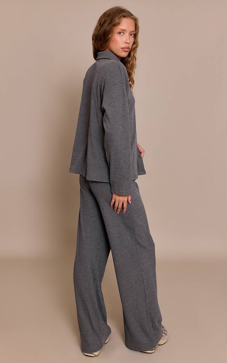 Charcoal Grey Pantalon Droit À Grosses Côtes Avec Taille Élastiquée