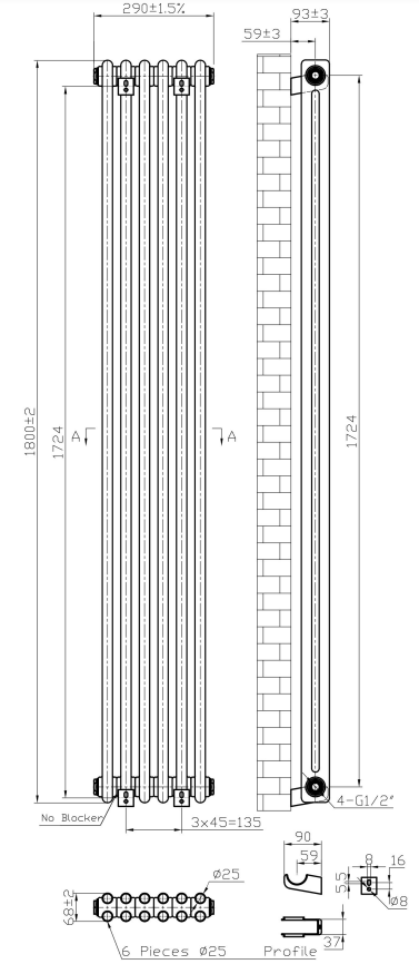 Eastbrook Imperia 2 koloms radiator 30x180cm 1078W antraciet