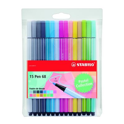 STABILO Pen 68 - 15 Feutres pointe moyenne - coloris pastel